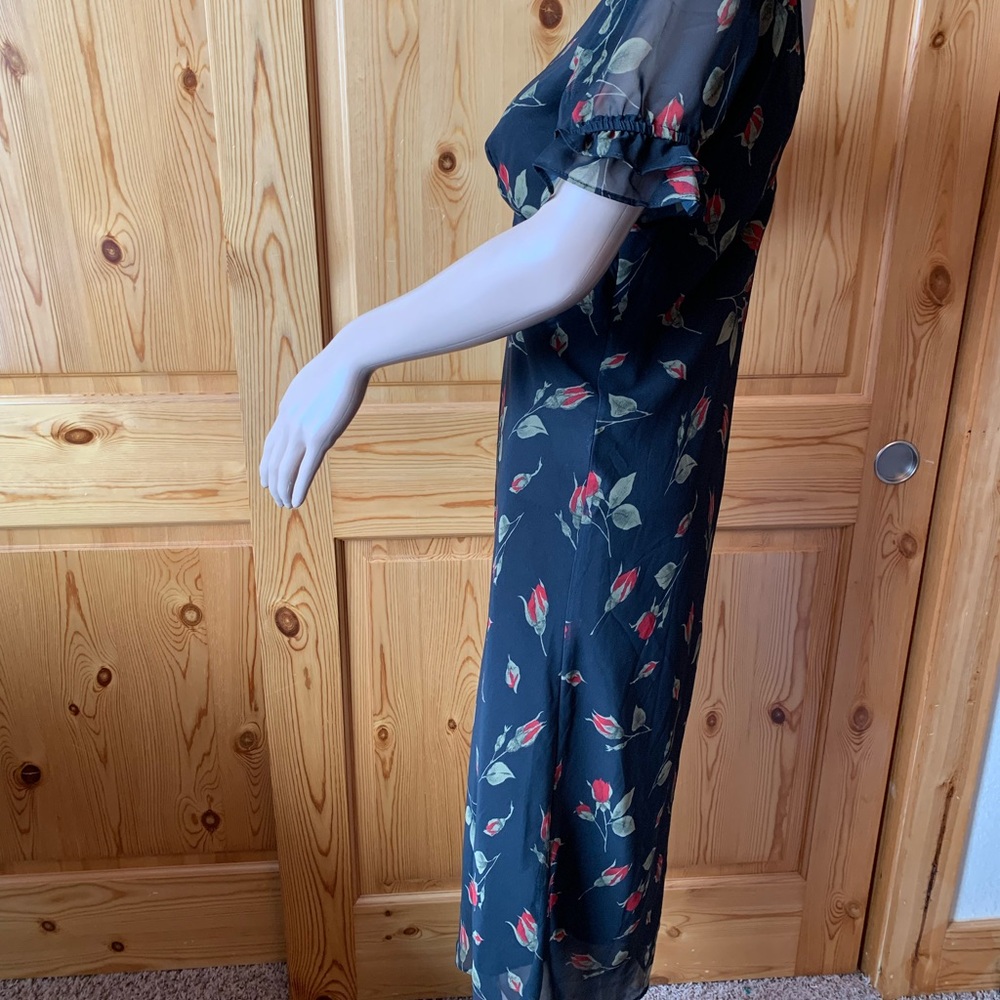 Vintage 90s Y2k Fredericks of Hollywood Black Red Midi Dress Roses Size 6 Floral - Picture 8 of 16